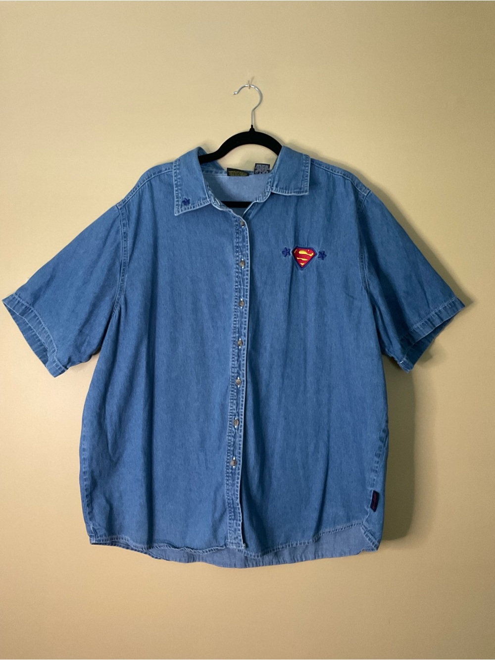 Warner Bros. Light Blue Denim Short-Sleeve Button-Up Shirt with Superman Patch